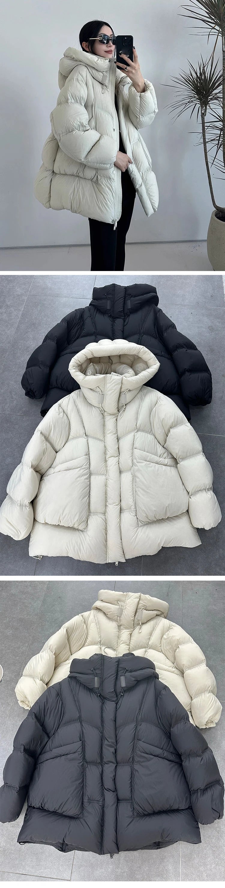 Janveny 2025 New Winter Thickened Puffer Down Jacket Women Warm Hooded Medium Length Loose Solid Color 90% White Duck Down Coat