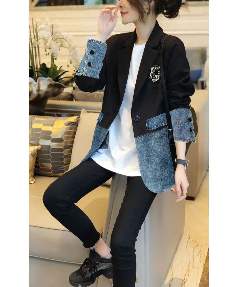 Autumn Winter Casual Fashion Denim Patchwork Blazers Ladies Harajuku Y2K Embroidery All-match Coat Women's Jacket Outwear Top