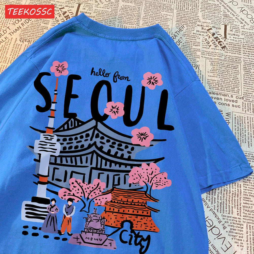 Casual Cotton Womens T-Shirts Seoul Beautiful Scenery Printed Short Sleeve O-Neck Breathable Oversize Fashion Female Clothes
