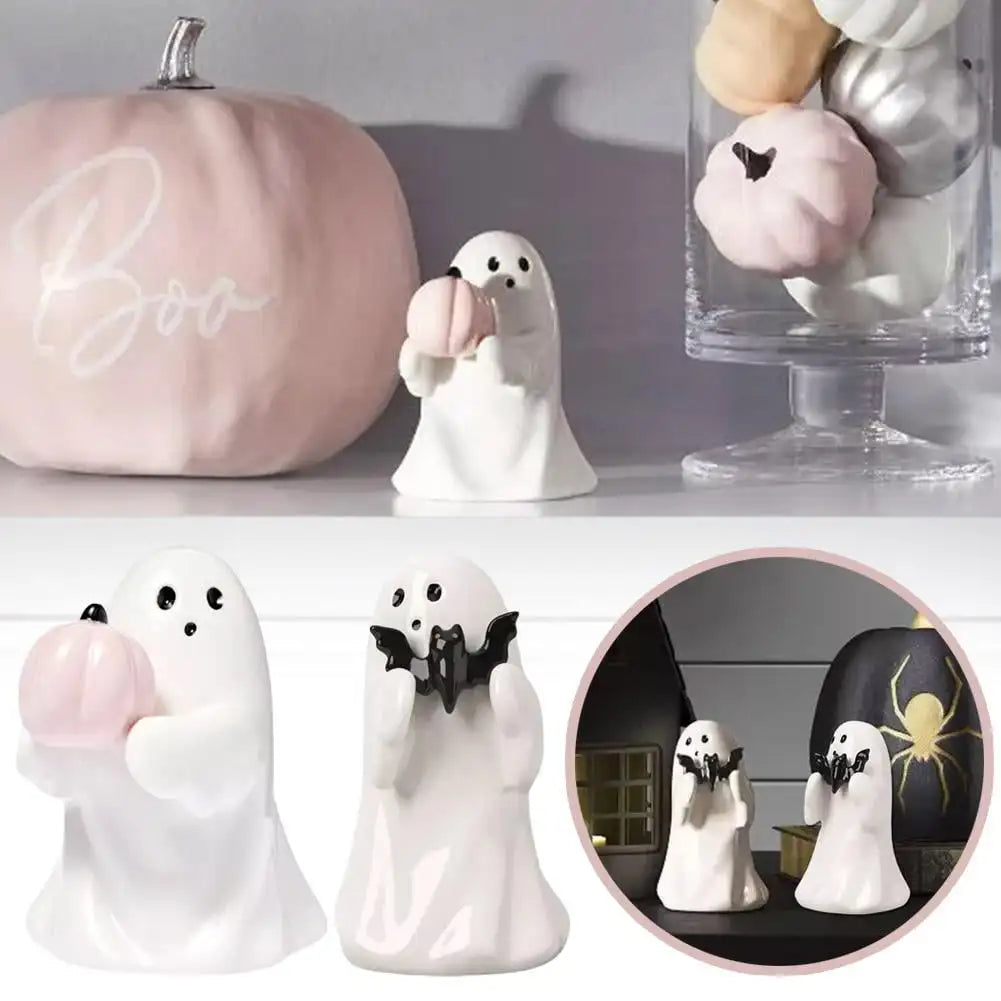 Halloween Cute Resin Ghost Holding Pink Pumpkin Bat Resin Statue Halloween DIY Decorat Doll Home Party Festival Originality Gift