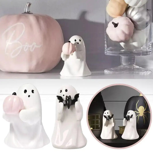 Halloween Cute Resin Ghost Holding Pink Pumpkin Bat Resin Statue Halloween DIY Decorat Doll Home Party Festival Originality Gift