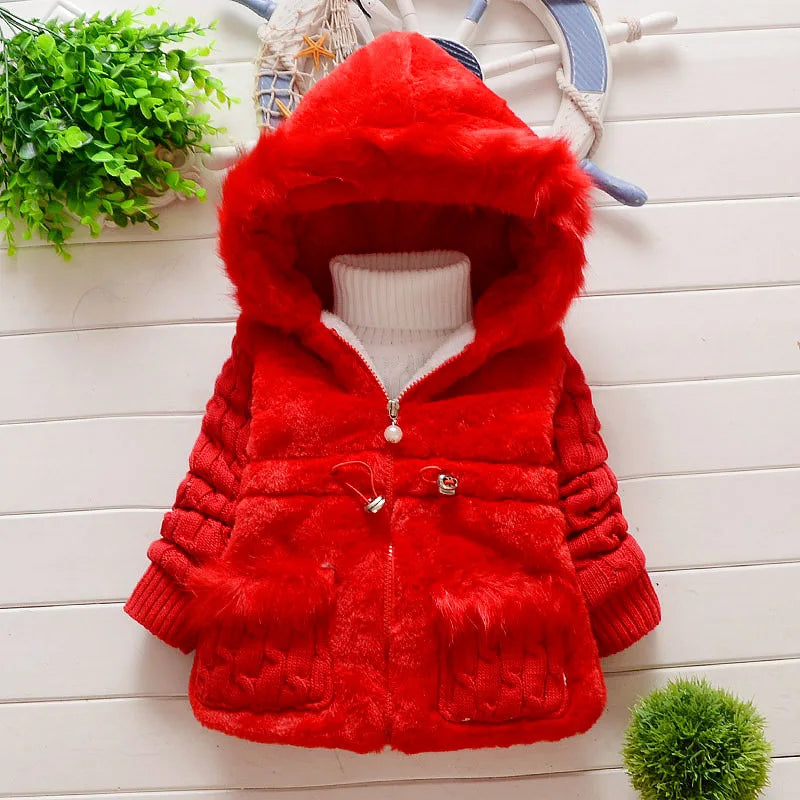Girl's Winter Coat New Hooded Solid Color Warm and Windproof Two Pocket Wool Sweater for Children's Clothing Suitable for 0-4 Y