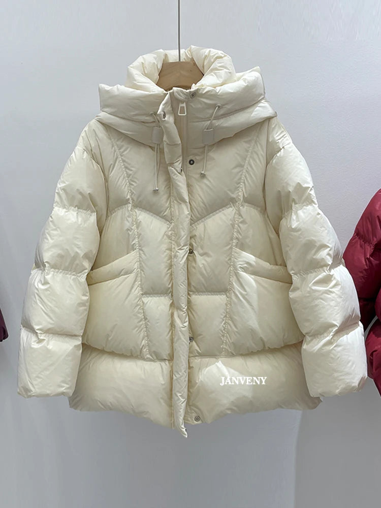 Janveny 2025 New Winter Thickened Puffer Down Jacket Women Warm Hooded Medium Length Loose Solid Color 90% White Duck Down Coat