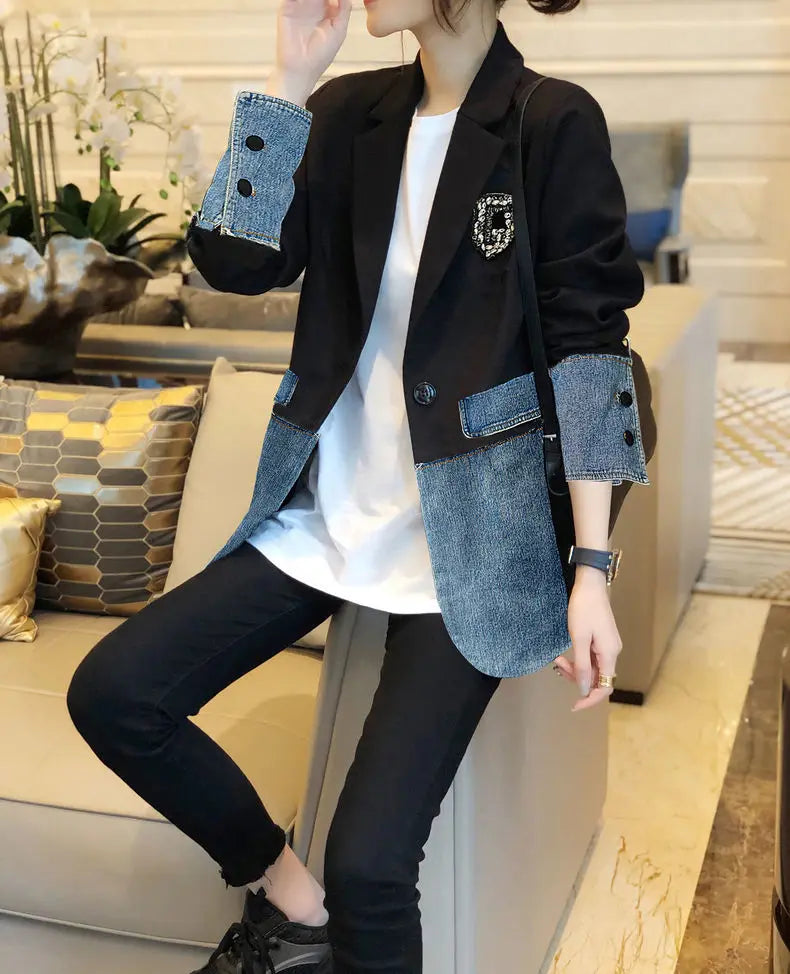 Autumn Winter Casual Fashion Denim Patchwork Blazers Ladies Harajuku Y2K Embroidery All-match Coat Women's Jacket Outwear Top