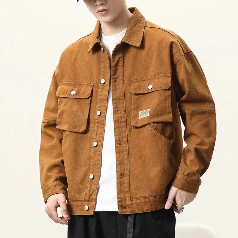 Denim Jackets Men Single Breasted Coat Cardigan Jacket Turn Down Collar Outerwear Long Sleeve Pockets Button Loose Casual