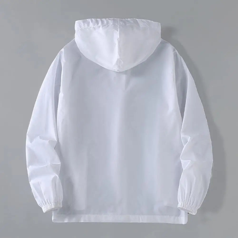 Summer Men Sun Protection Coat Anti-UV Hooded Long Sleeve Zipper Placket Men Jacket Solid Color Pockets Ice Silk Male Sun Coat