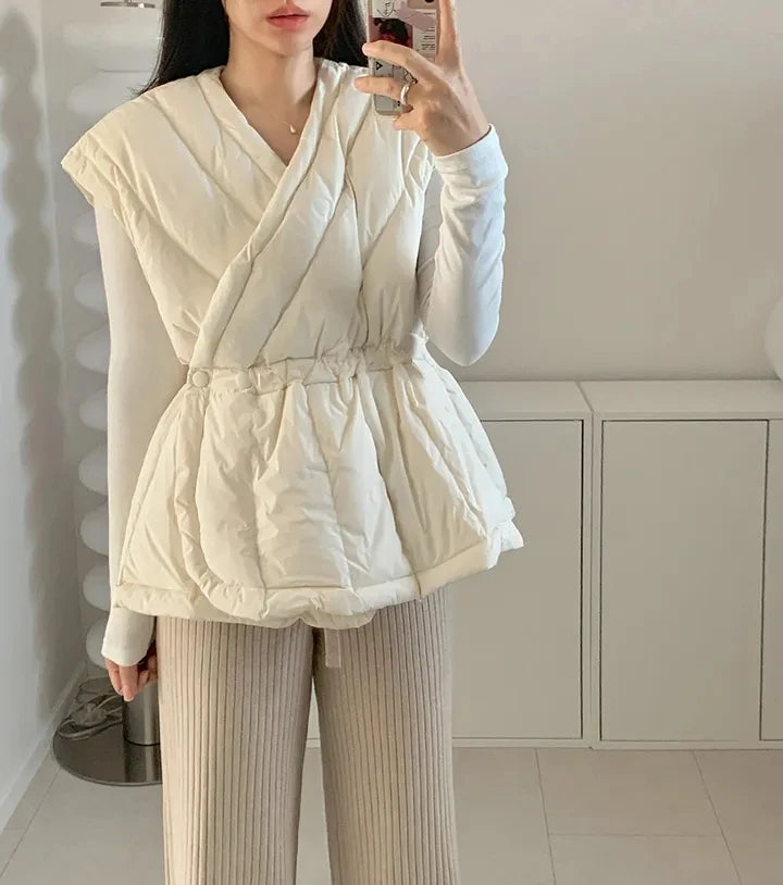 Korean Style Cross V-neck Drawstring Sleeveless Cotton Jacket for Women Solid Color Autumn Winter Vest Padded Coat Female