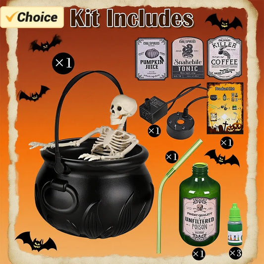 Halloween WitchCauldron with LED Light and Fog Mist Maker Skeleton Decor for Spooky Hocus Pocus Party Home Halloween Party