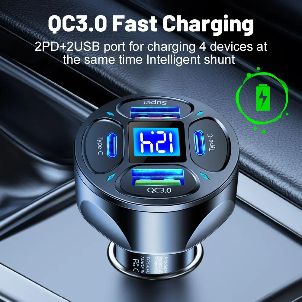 66W 4 Ports USB Car Charger Fast Charging PD Quick Charge 3.0 USB