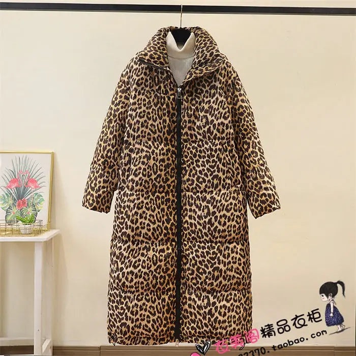 Winter Women's down jacket 2024 Trendy Simple Casual Stand Collar Zipper Large Size Cotton Padded Long Leopard Coat Outwear A236