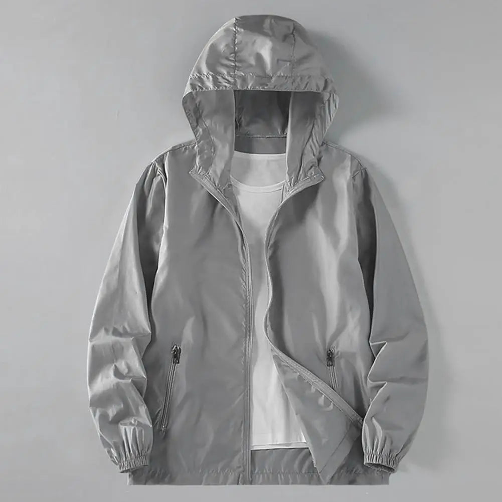 Summer Men Sun Protection Coat Anti-UV Hooded Long Sleeve Zipper Placket Men Jacket Solid Color Pockets Ice Silk Male Sun Coat