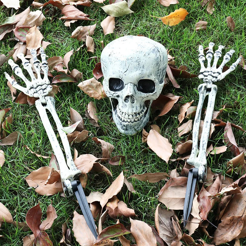 Halloween Realistic Skull Skeleton Head Human Hand Arms for Halloween Party Home Garden Lawn Decor Haunted House Horror Props