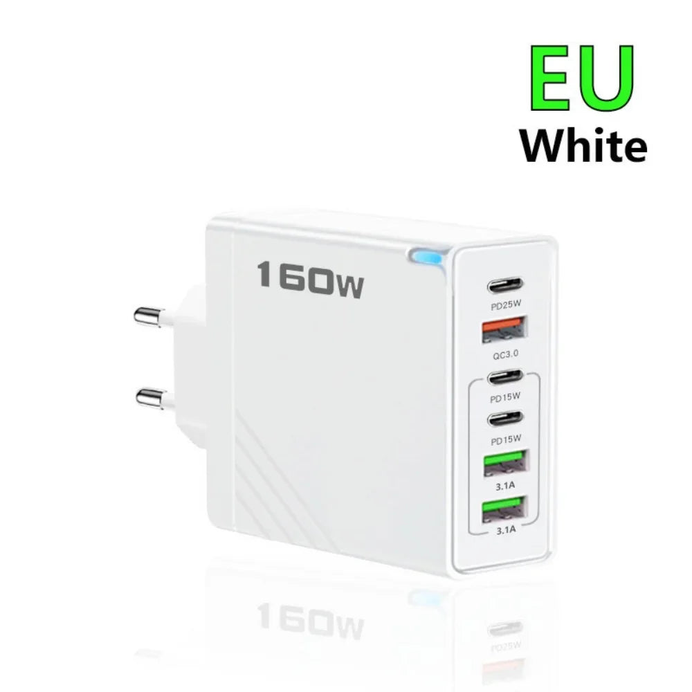 160W USB C Charger Type C PD Mobile Phone Quick Fast Charging Multiple 6 Ports PD Quick Wall Adapter for Iphone 16 Pro Xiaomi 15