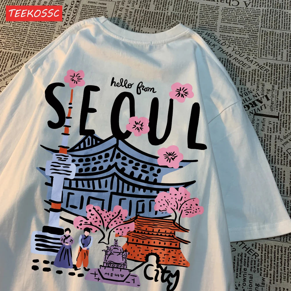 Casual Cotton Womens T-Shirts Seoul Beautiful Scenery Printed Short Sleeve O-Neck Breathable Oversize Fashion Female Clothes