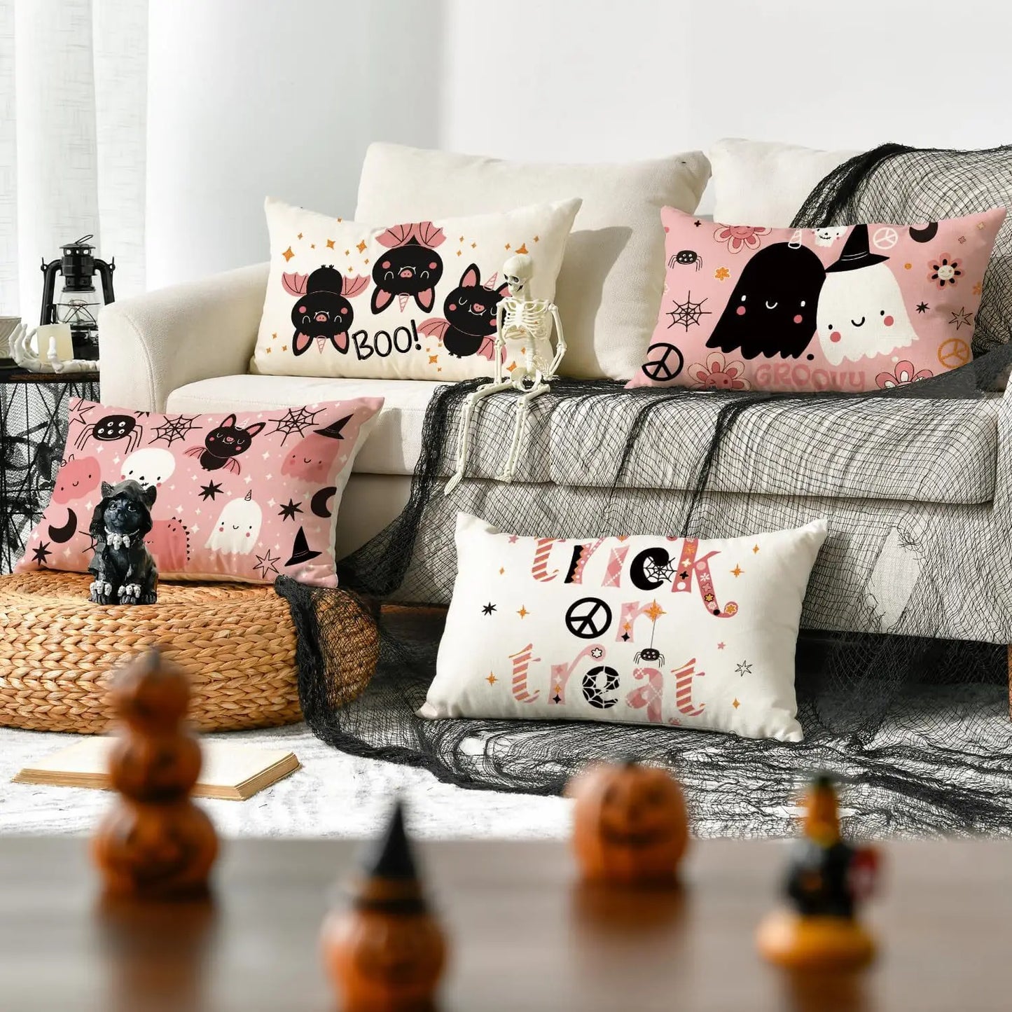30x50cm Halloween Cushion Cover, Linen Bats Ghoast Skull Pumpkin Rectangle Pillow Covers ,Cushion Cases for Home Sofa Chair