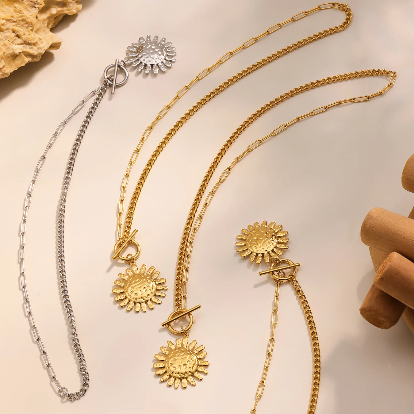 Gold Color Silver Sun Pendant Necklace for Women Luxury 18K Gold-Plated Stainless Steel 2 Chain Styles Women's Necklace Jewelry