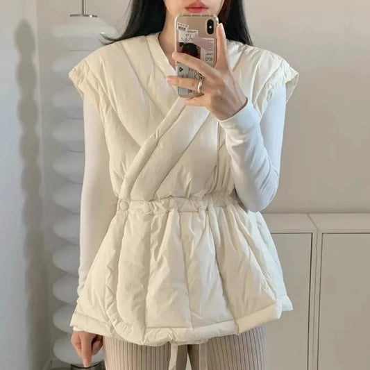 Korean Style Cross V-neck Drawstring Sleeveless Cotton Jacket for Women Solid Color Autumn Winter Vest Padded Coat Female
