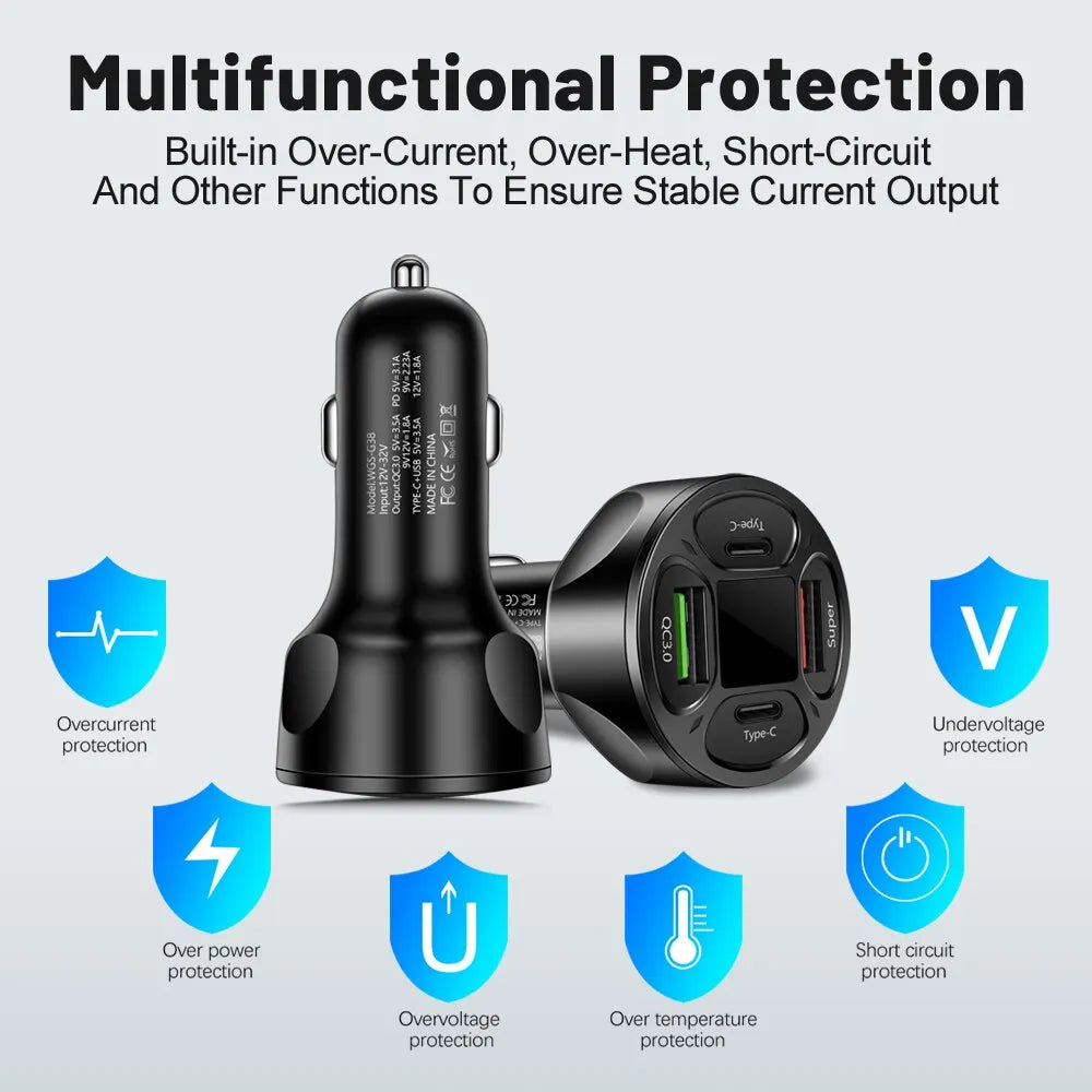 66W 4 Ports USB Car Charger Fast Charging PD Quick Charge 3.0 USB