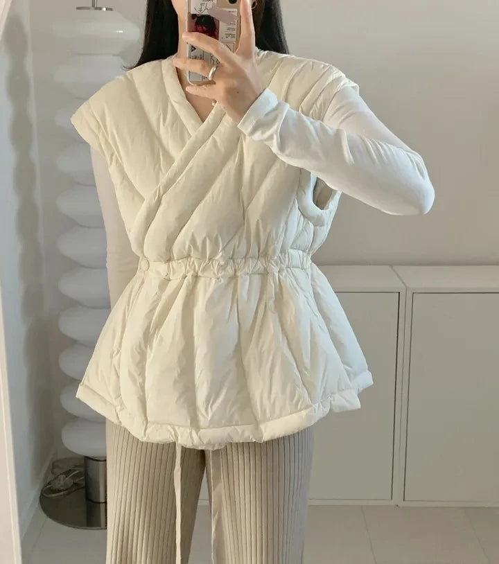 Korean Style Cross V-neck Drawstring Sleeveless Cotton Jacket for Women Solid Color Autumn Winter Vest Padded Coat Female