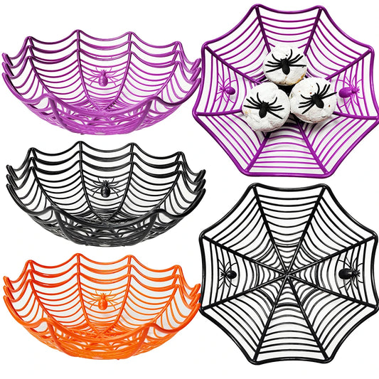 Halloween Candy Basket Plastic Spider Web Fruit Plate Black Biscuit Snack Basket Trick or Treat Halloween Decoration 2024