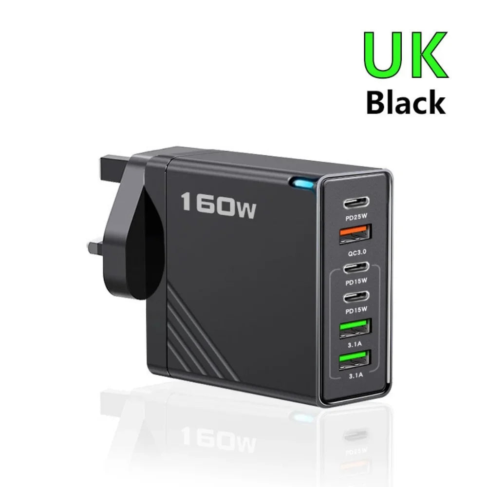 160W USB C Charger Type C PD Mobile Phone Quick Fast Charging Multiple 6 Ports PD Quick Wall Adapter for Iphone 16 Pro Xiaomi 15