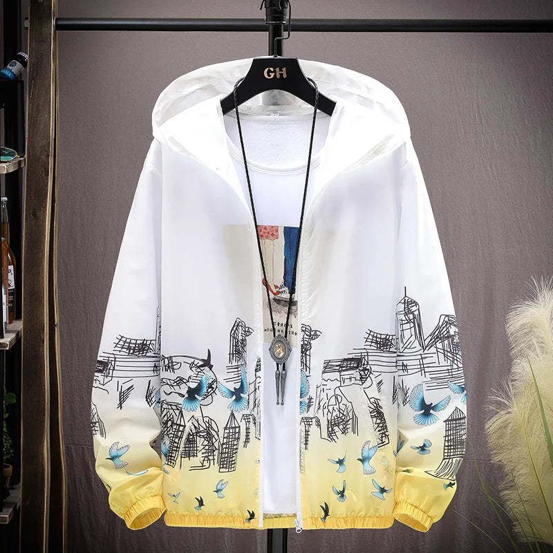 Summer Skin Coats Men Ultra Light UV Sun Protection Big Size Hooded Windbreaker Jacket Men printing Casual Outwear