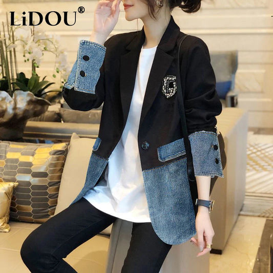 Autumn Winter Casual Fashion Denim Patchwork Blazers Ladies Harajuku Y2K Embroidery All-match Coat Women's Jacket Outwear Top