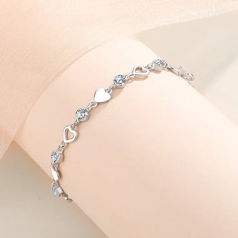 925 Sterling Silver Hollow Heart Zircon Bracelets For Women Korean Sweet Sparkling Adjustable Chain Bracelet Fashion Jewelry