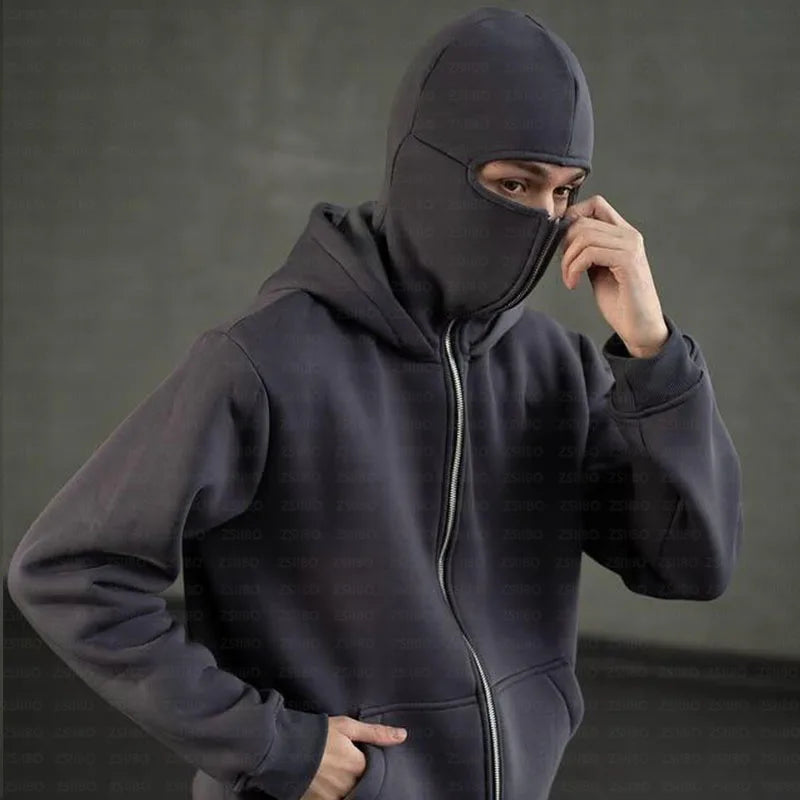 Y2K Hooded Face Mask Zipper Design Sports Jacket Balaclava Men Zip Hoodie Warm Casual Jacket Sweatshirt Outdoor Coat Clothing