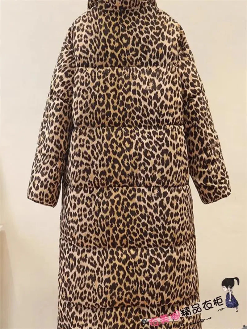 Winter Women's down jacket 2024 Trendy Simple Casual Stand Collar Zipper Large Size Cotton Padded Long Leopard Coat Outwear A236