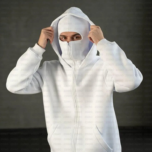 Y2K Hooded Face Mask Zipper Design Sports Jacket Balaclava Men Zip Hoodie Warm Casual Jacket Sweatshirt Outdoor Coat Clothing