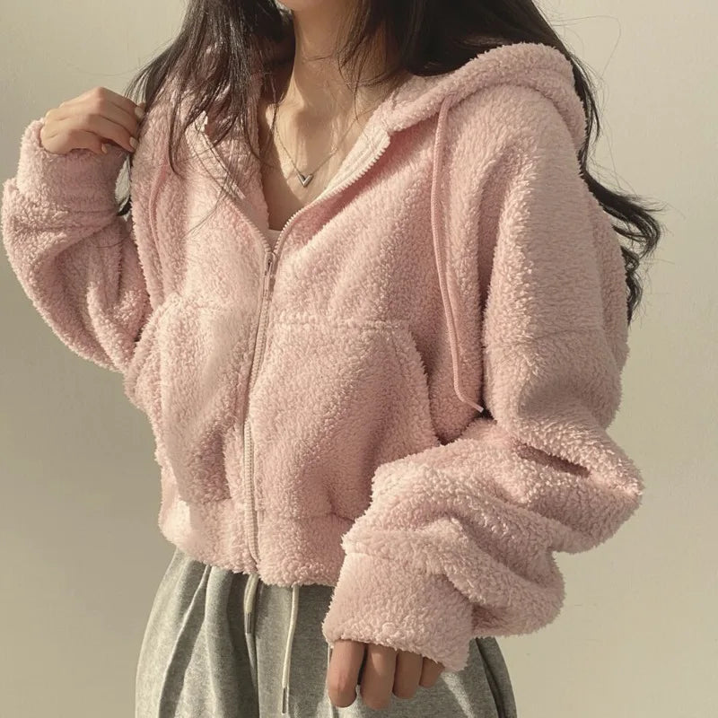 Solid Lamb Wool Thick Sweatshirts Outerwear Y2k Short Zip-Up Hooded Sweatshirt Women Fleece Sudaderas Casual High Waist Hoodies
