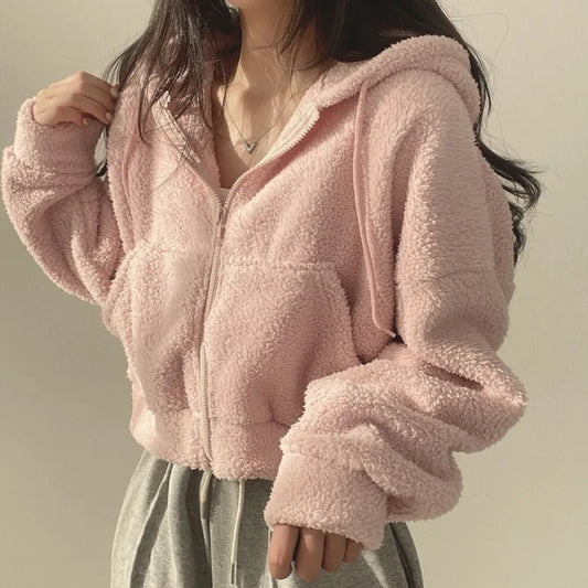 Solid Lamb Wool Thick Sweatshirts Outerwear Y2k Short Zip-Up Hooded Sweatshirt Women Fleece Sudaderas Casual High Waist Hoodies
