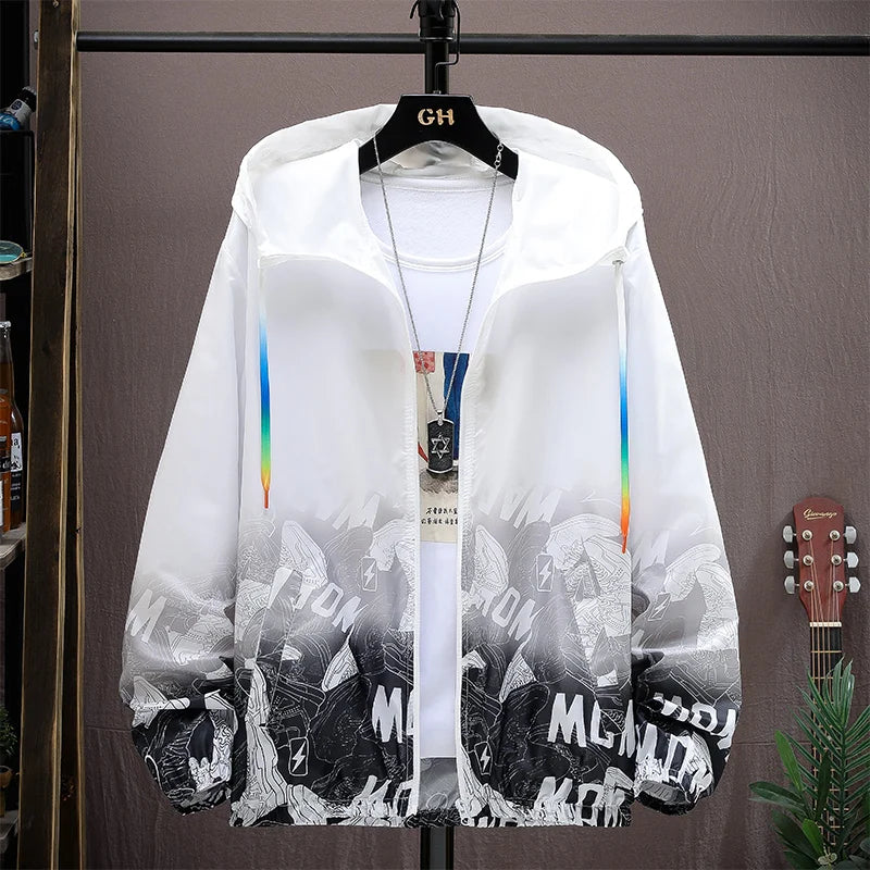 Summer Skin Coats Men Ultra Light UV Sun Protection Big Size Hooded Windbreaker Jacket Men printing Casual Outwear